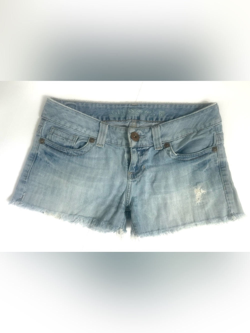 Y2K GUESS Ultra Low Rise Cutoff Micro Mini Denim Shorts Sz 28 2000’s Distressed